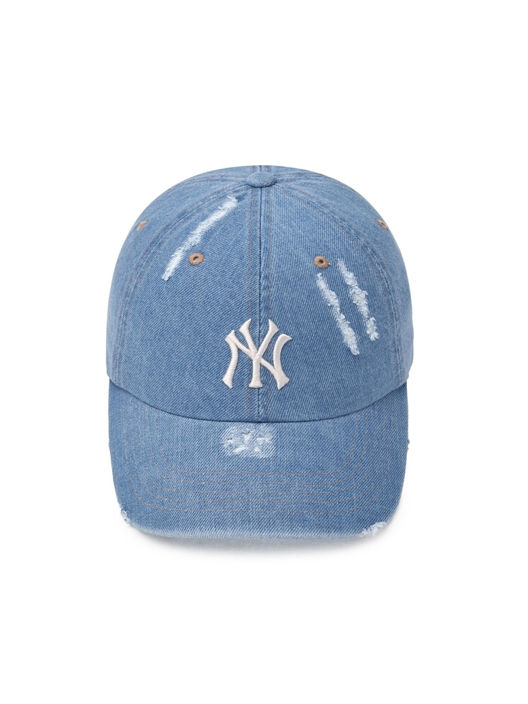 Nón MLB Korea Damaged Washed Denim Unstructured Ball Cap New York Yankees Blue