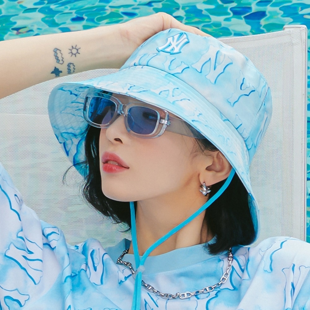 Nón MLB Water Monogram UV Blocking Bucket Hat New York Yankees Aqua Blue