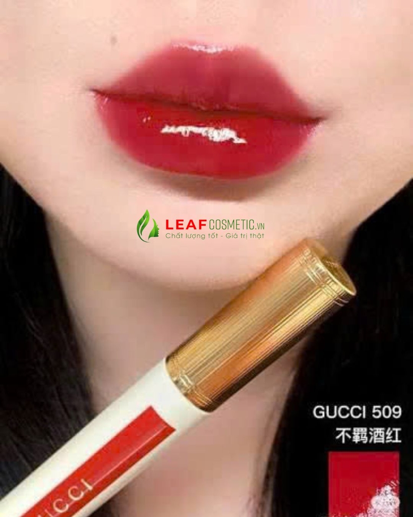 Son Tint Bóng Gucci Glow Oil-In-Water Tint 509 Gucci Rosso Ancora – Màu Đỏ Rượu Vang