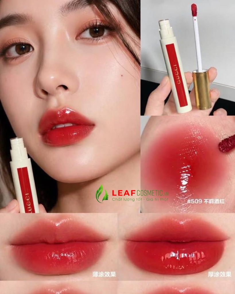 Son Tint Bóng Gucci Glow Oil-In-Water Tint 509 Gucci Rosso Ancora – Màu Đỏ Rượu Vang
