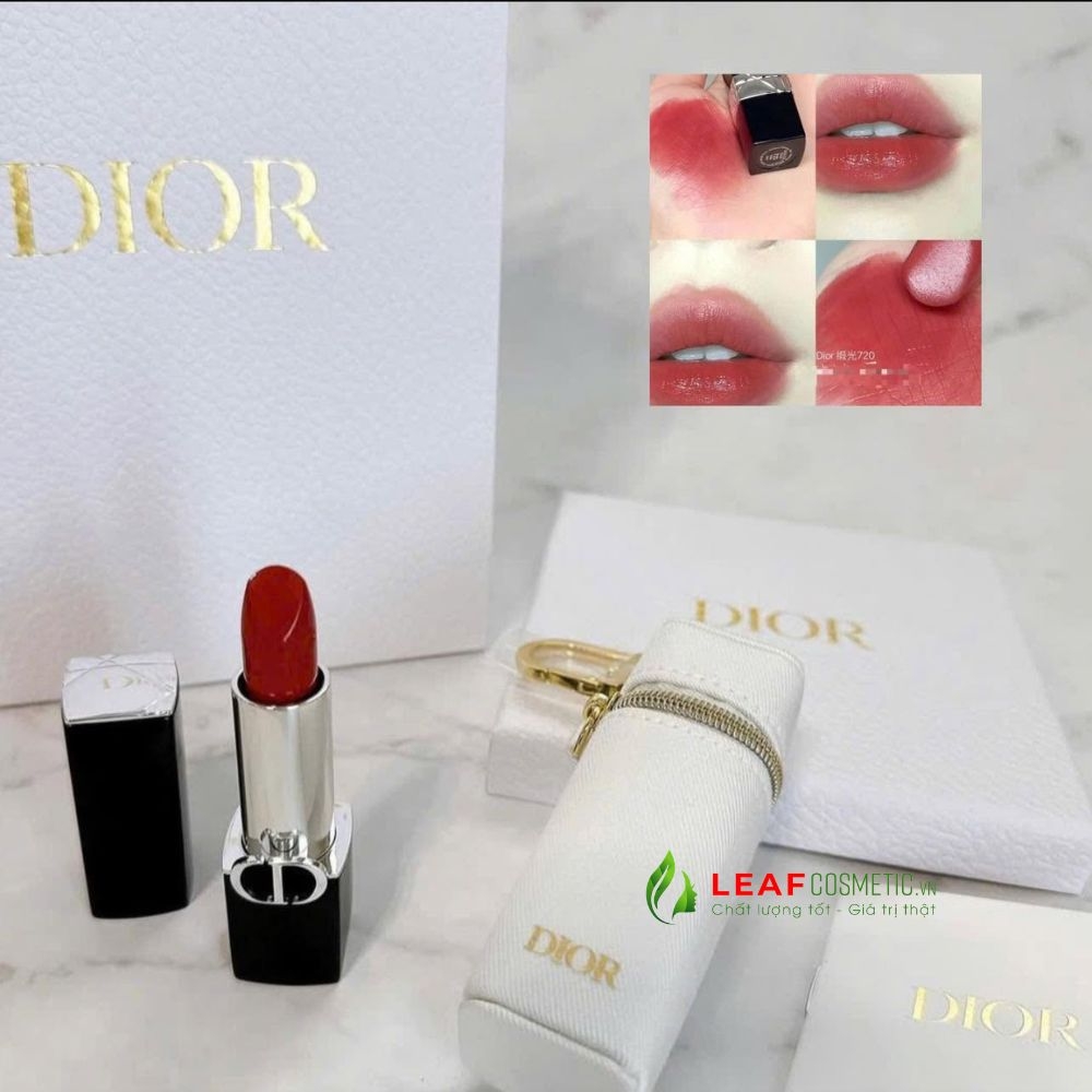 Set Son Rouge Dior 720 Icône Fullsize – Kèm Túi Pouch Đựng Son Key Ring Màu Trắng