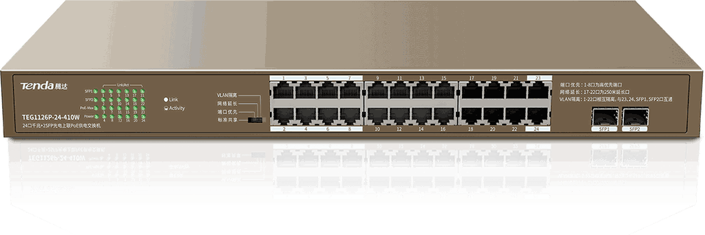 Switch TENDA TEG1126P-24-410W (24 Gigabit PoE Port - 2 SFP Port)