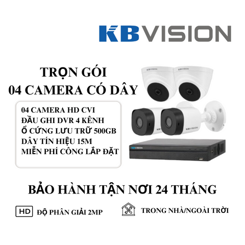 (KBVISION) Bộ Kit 4 Camera Cố Định Trong Nhà Và Ngoài Trời (2MP)