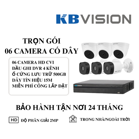 (KBVISION) Bộ Kit 6 Camera Cố Định Trong Nhà Và Ngoài Trời (2MP)