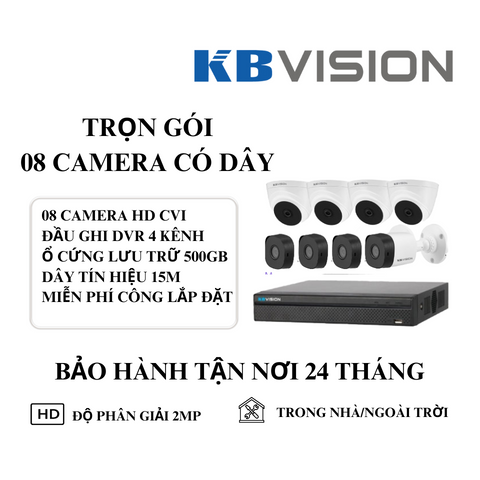 (KBVISION) Bộ Kit 8 Camera Cố Định Trong Nhà Và Ngoài Trời (2MP)