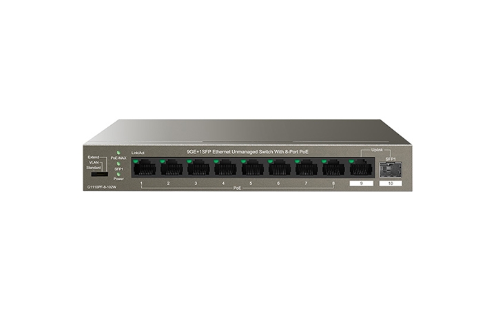 Switch TENDA TEG1110PF-8-102W (9 Gigabit Port Với 8 PoE Port - 1 SFP Port)