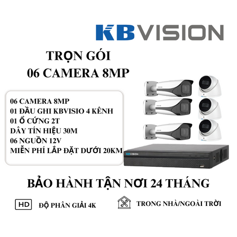 (KBVISION) Bộ Kit 6 Camera Cố Định Trong Nhà Và Ngoài Trời (8MP)