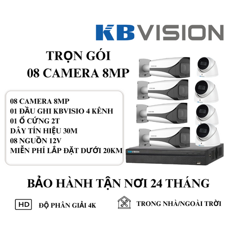 (KBVISION) Bộ Kit 8 Camera Cố Định Trong Nhà Và Ngoài Trời (8MP)