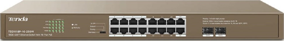 Switch TENDA TEG1118P-16-250W (16 Gigabit PoE Port - 2 SFP Port)