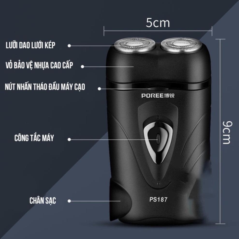 Máy cạo râu 2 lưỡi Poree PS187 tự mài sắc, cạo sạch không đau rát, sạc điện tiện lợi