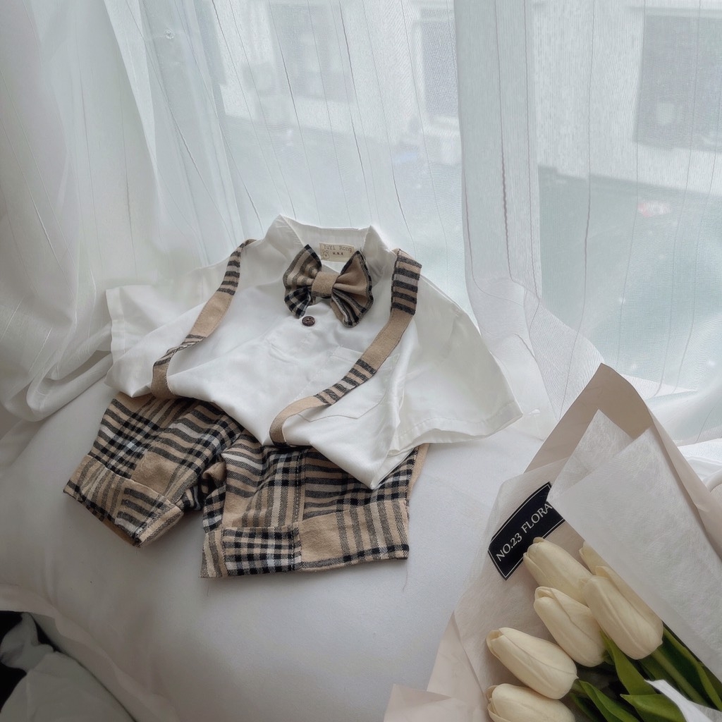 Set vest bé trai cổ tàu ( áo cotton lụa + quần thô) | Phuong Van Kids