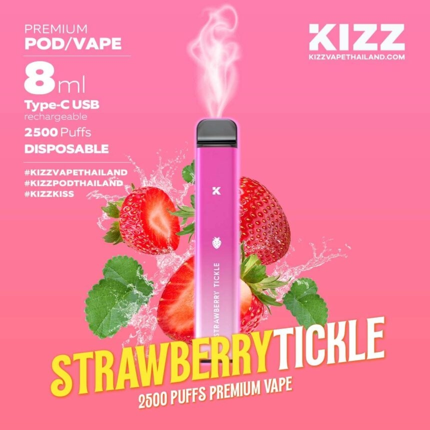 KIZZ Disposable 2500 puffs Strawberry Tickle (Dâu) | 2%-3%-5% | 8ml | Mesh coil | 650mAh | USB Type C | vapeland.vn