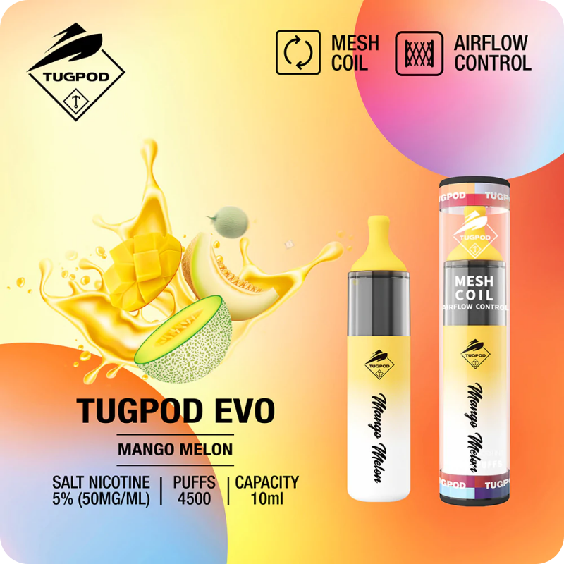 TUGPOD EVO Mango Melon (Xoài dưa gang) 4500 hơi Disposable Vape / 10ml / 5% (50mg) / 850mAh / Mesh Coil