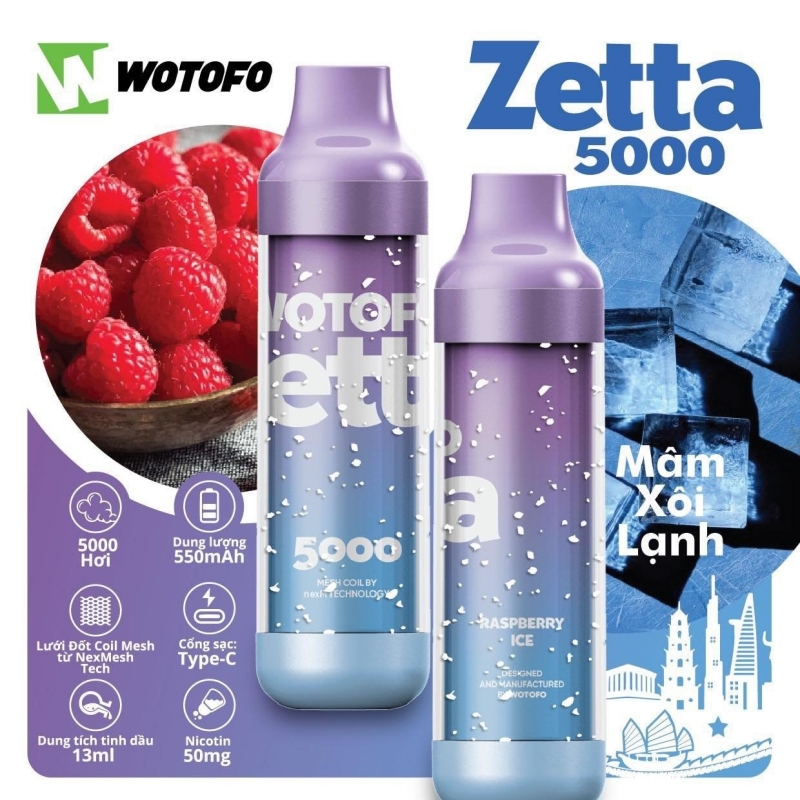 Wotofo Zetta 5000 Raspberry Ice : Mâm xôi lạnh | 2%-3%-5% | 13ml | 600mAh | USB Type C | vapeland.vn