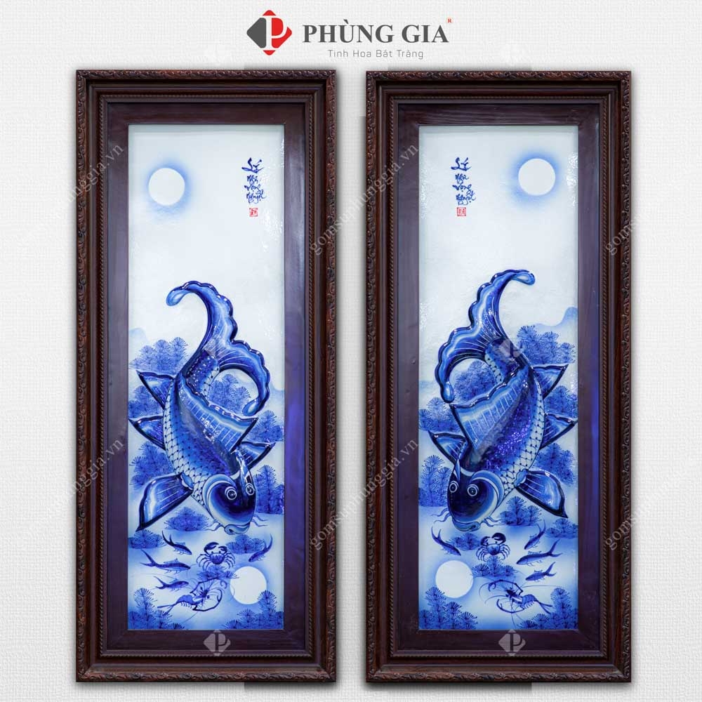 Lý Ngư Vọng Nguyệt-Màu Lam Gốm Sứ Phùng Gia