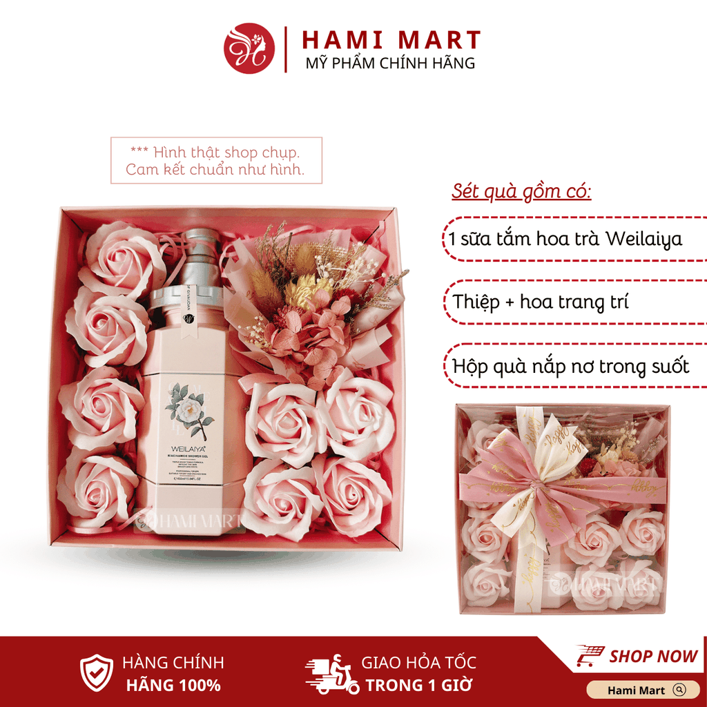 [Hộp Hồng] Hộp Quà Sữa Tắm Hoa Trà Camellia Weilaiya 450ml