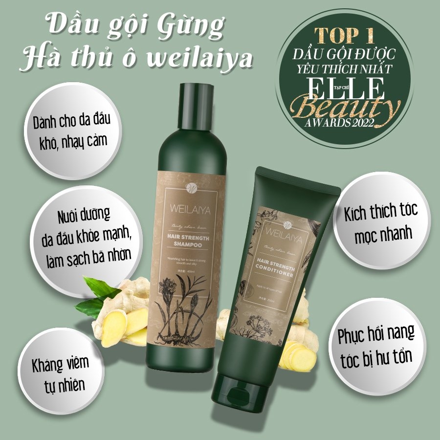 Bộ Dầu Gội Xả Gừng Hà Thủ Ô Weilaiya 450ml + 250ml (Phù hợp Tóc Khô, Thường)