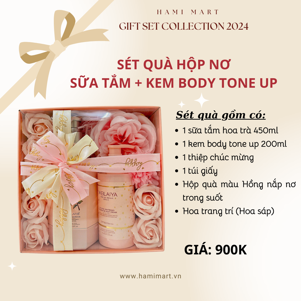 [Hộp hồng] Sét Quà Sữa Tắm Hoa Trà Weilaiya + Kem Body Tone Up Weilaiya