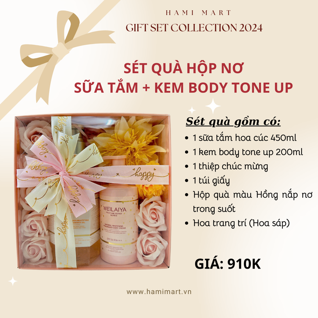 [Hộp hồng] Sét Quà Sữa Tắm Hoa Cúc Weilaiya + Kem Body Tone Up Weilaiya
