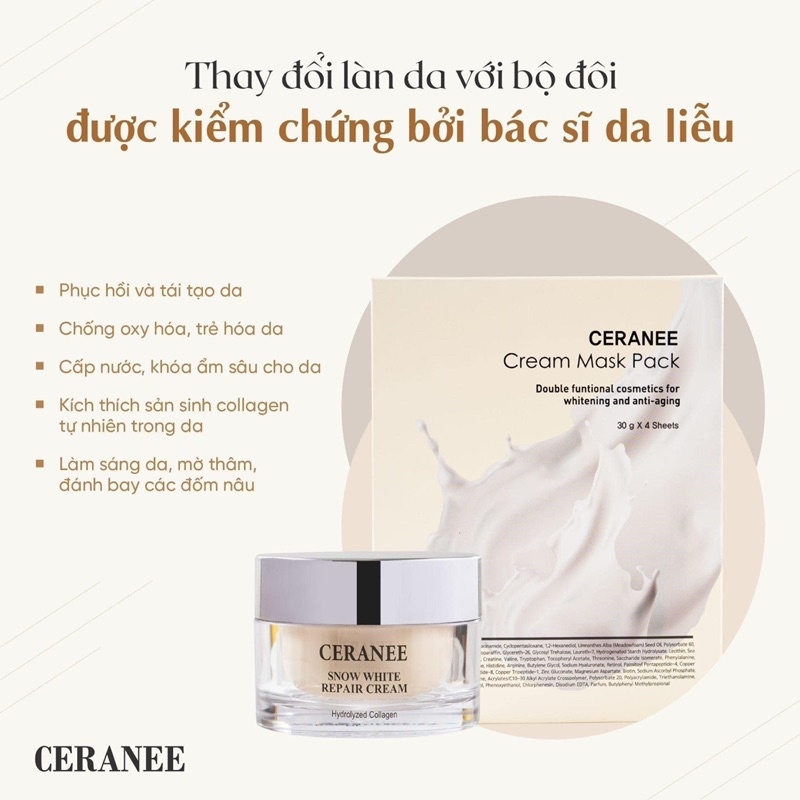 Mặt Nạ Ceranee Cream Mask Pack Dưỡng Trắng và Phục Hồi Da - Hộp 4 Miếng