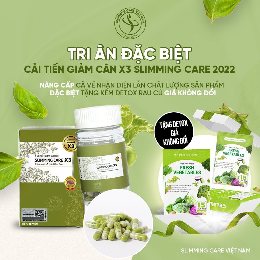 Viên Uống Giảm Cân Thảo Mộc X3 Slimming Số 1+ Tặng Detox Rau Xanh