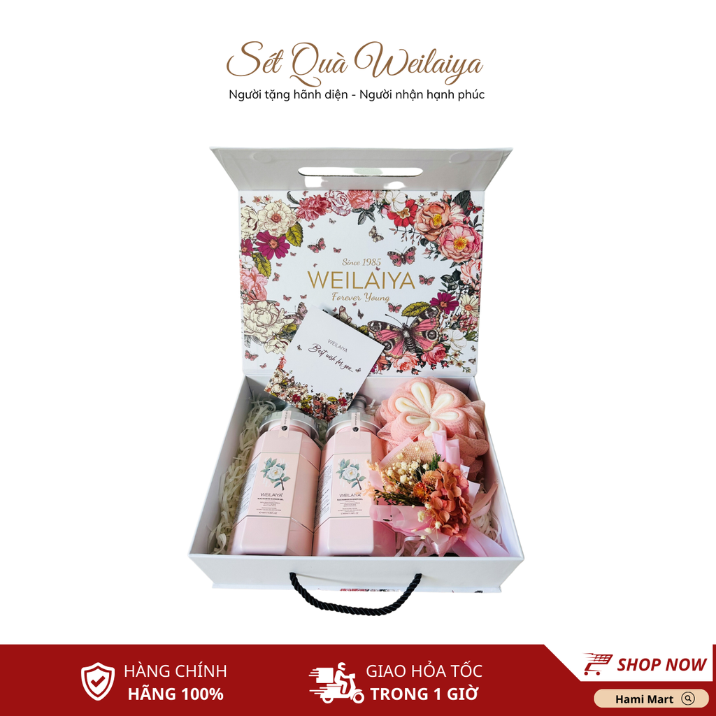 [Hộp Hoa] Sét Quà Tặng 2 Sữa Tắm Hoa Trà Camellia Weilaiya + Bông Tắm