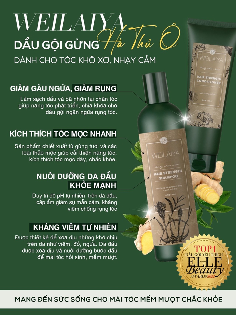 Dầu Gội Gừng Thuốc Bắc Weilaiya Hair Strength Shampoo - Dành Cho Tóc Khô Và Tóc Thường