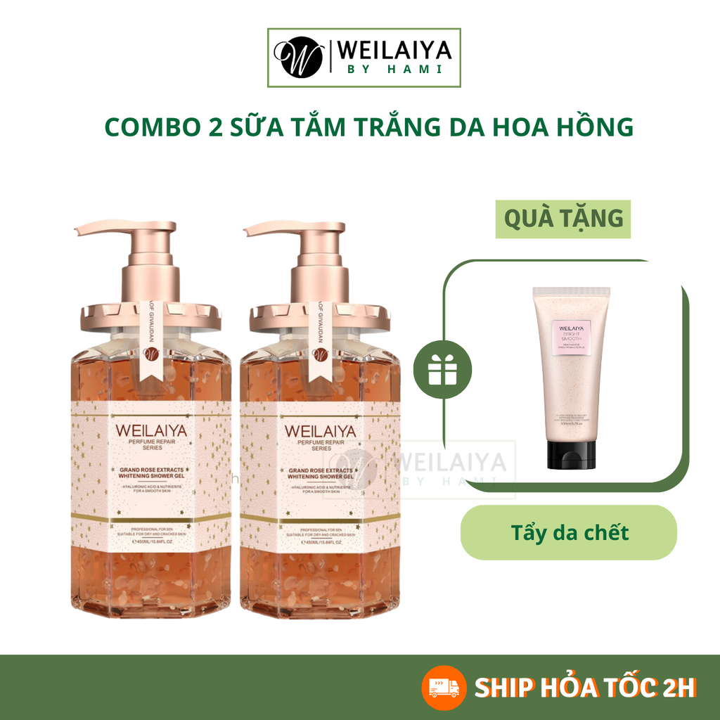 Combo 2 Sữa Tắm Trắng Da Hoa Hồng Weilaiya - Tặng Ủ Trắng Tẩy Da Chết