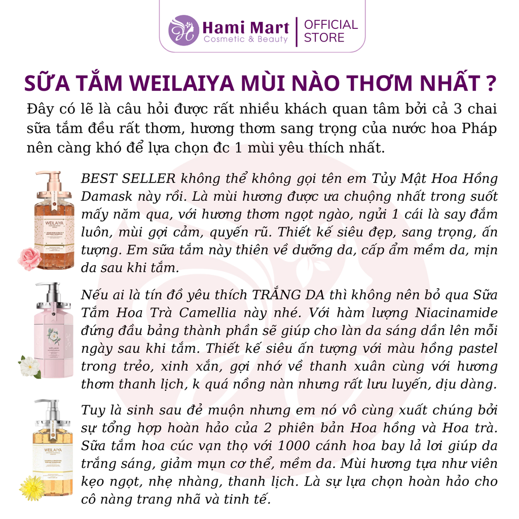 Combo 3 Chai Sữa Tắm Weilaiya [Hồng + Trà + Cúc]