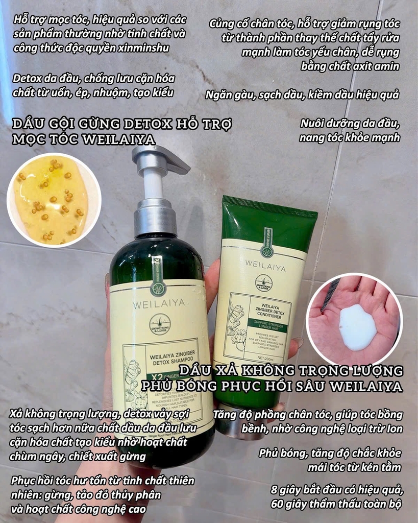 Bộ Dầu Gội Xả Gừng Hỗ Trợ Mọc Tóc Detox Da Đầu 420ml + 200ml - Tặng Kem Massage Da Đầu