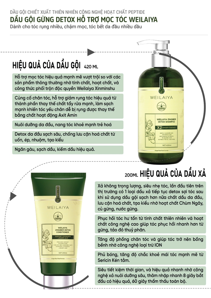 Bộ Dầu Gội Xả Gừng Hỗ Trợ Mọc Tóc Detox Da Đầu 420ml + 200ml