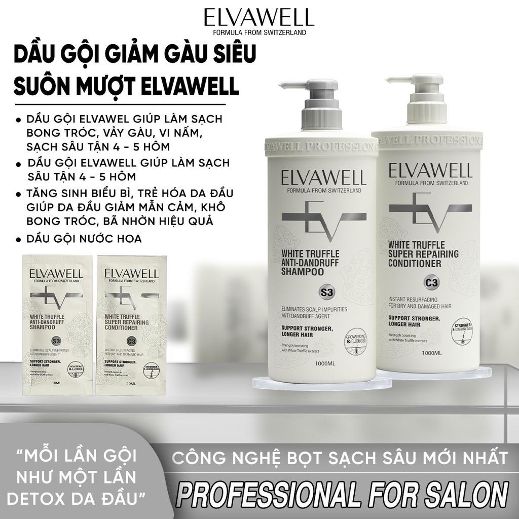 [S3C3-Trắng] Bộ Dầu Gội Xả Trị Gàu Siêu Suôn Mượt Elvawell (1000m+1000ml)