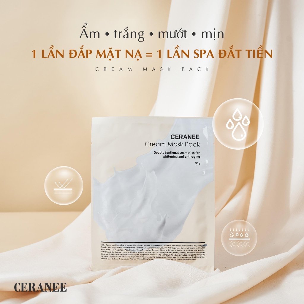 Mặt Nạ Ceranee Cream Mask Pack Dưỡng Trắng và Phục Hồi Da - Hộp 4 Miếng