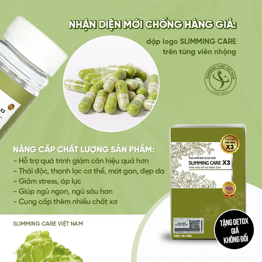 Viên Uống Giảm Cân Thảo Mộc X3 Slimming Số 1+ Tặng Detox Rau Xanh