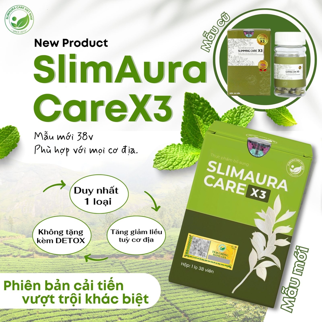 [Mẫu mới] Trà Thảo Mộc Giảm Cân SlimAura Care X3 - Hộp 38 Viên