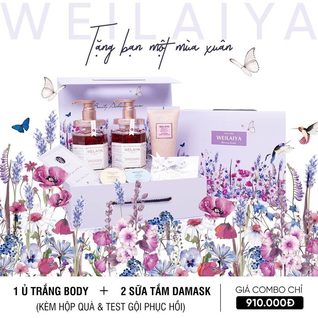 [Hộp Flower] Sét Quà Tặng Sữa Tắm Hoa Hồng Damask Weilaiya & Tẩy Da Chết Body Weilaiya