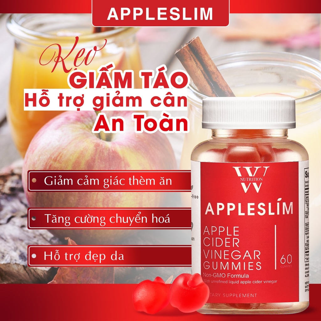 Kẹo Giấm Táo Giảm Cân AppleSlim USA Apple Cider Vinegar Gummies- Hộp 60 Viên