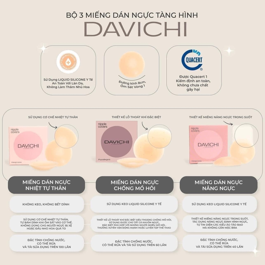 Miếng Dán Ngực Nâng Ngực Silicone Nhiệt Tự Thân Davichi Ôm Khít - Hộp 2 Cặp