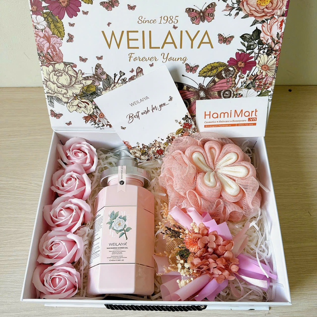 [Hộp Hoa] Sét Quà Tặng Sữa Tắm Hoa Trà Camellia Weilaiya + Bông Tắm