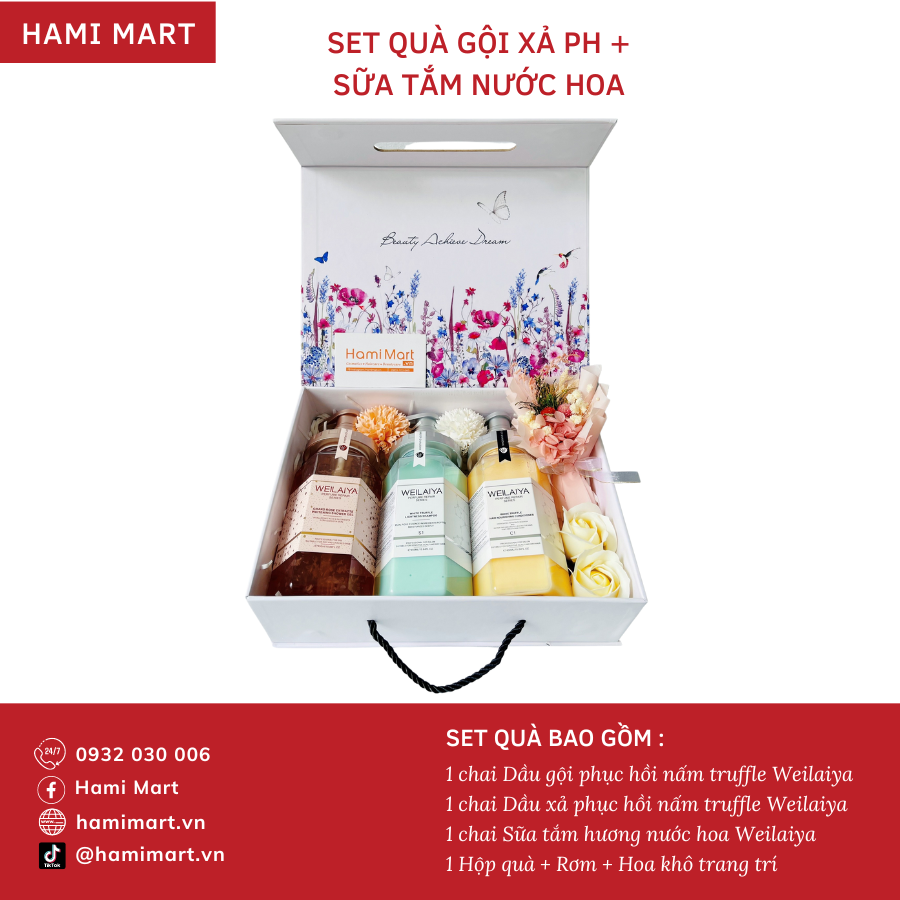 [Hộp Flower] Sét Quà Tặng Gội Xả Phục Hồi Nấm Truffle Weilaiya & Sữa Tắm Hoa Hồng Damask Weilaiya