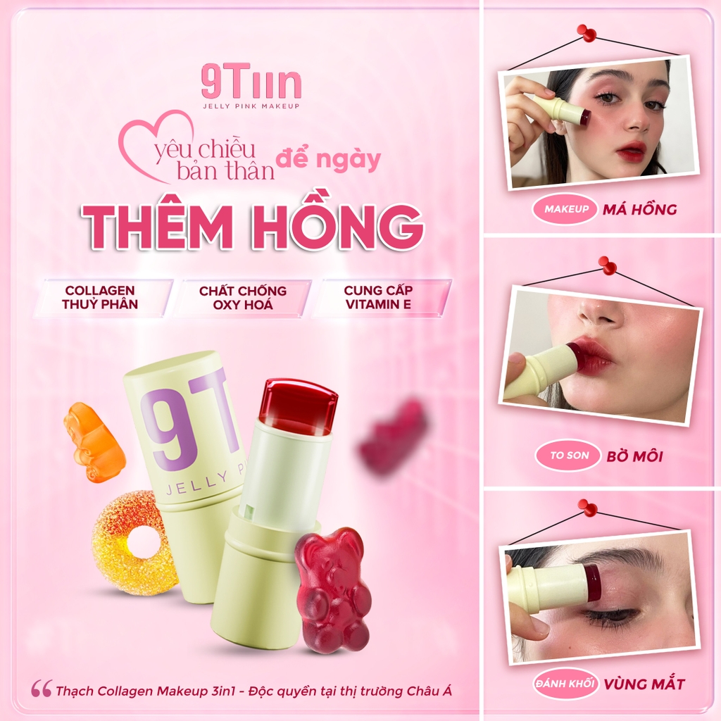 Son thạch Jelly Pink Makeup 9Tiin dưỡng môi căng bóng tặng kèm bông mút