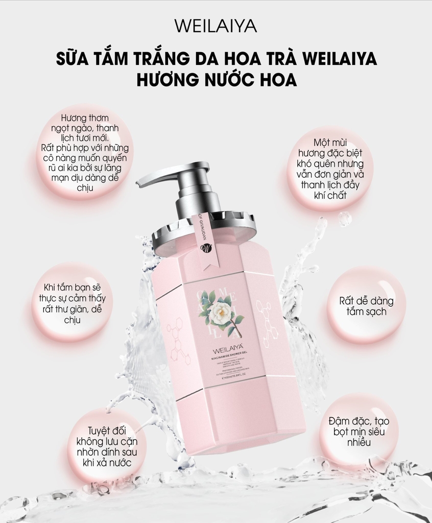 Sữa Tắm Trắng Da Hoa Trà Weilaiya Niacinamide Camellia Shower Gel 450ml