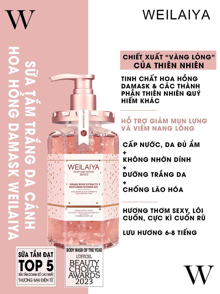 Sữa Tắm Trắng Da Hoa Hồng Damask Weilaiya 450ml + Tặng Bông Tắm