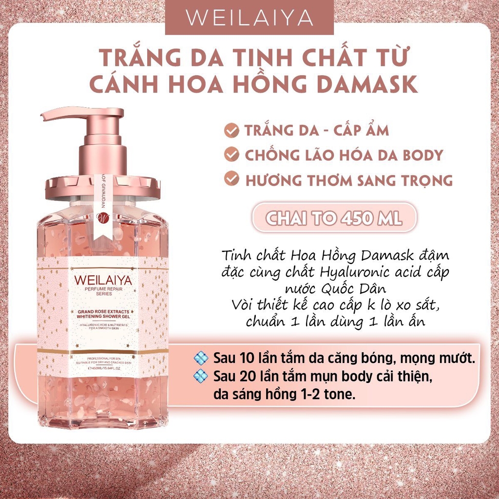 Sữa Tắm Trắng Da Hoa Hồng Damask Weilaiya 450ml + Tặng Bông Tắm