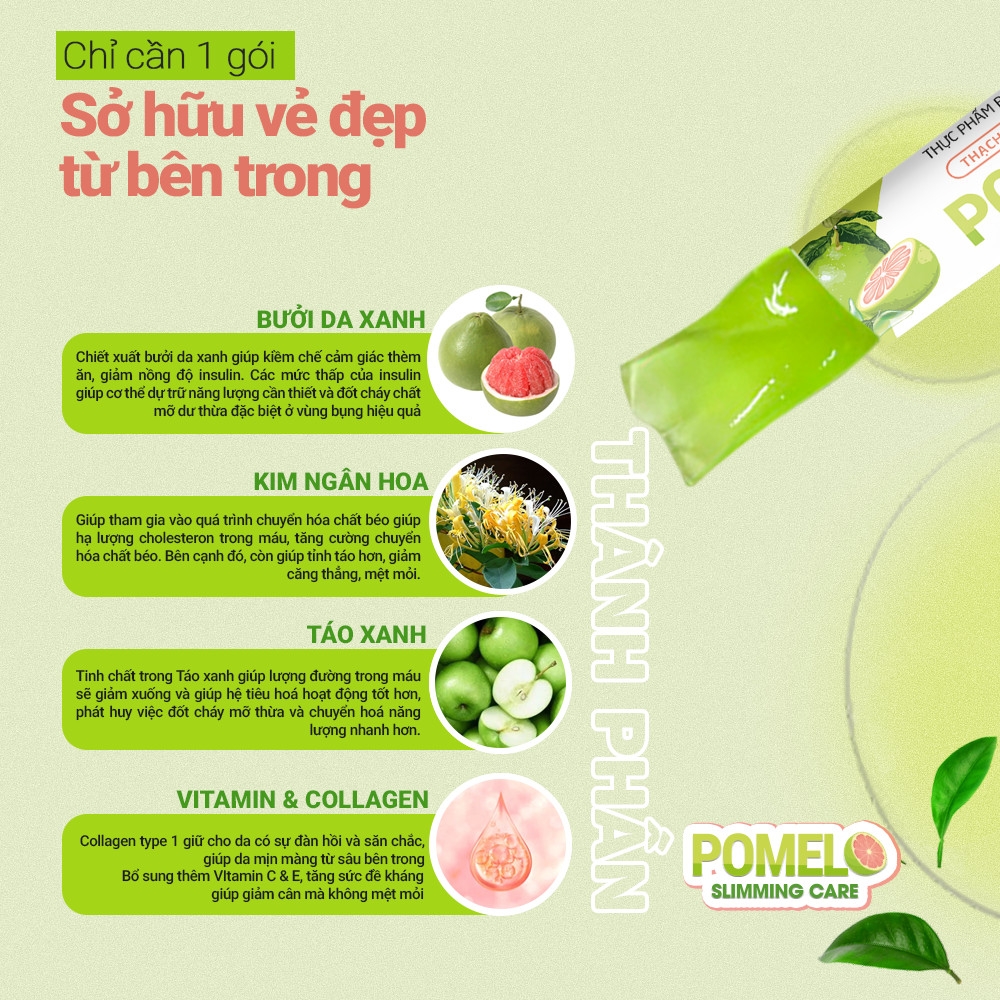 Thạch Bưởi Giảm Cân Pomelo Slimming Care Hộp 15 Gói + Tặng Kèm Detox Rau Xanh