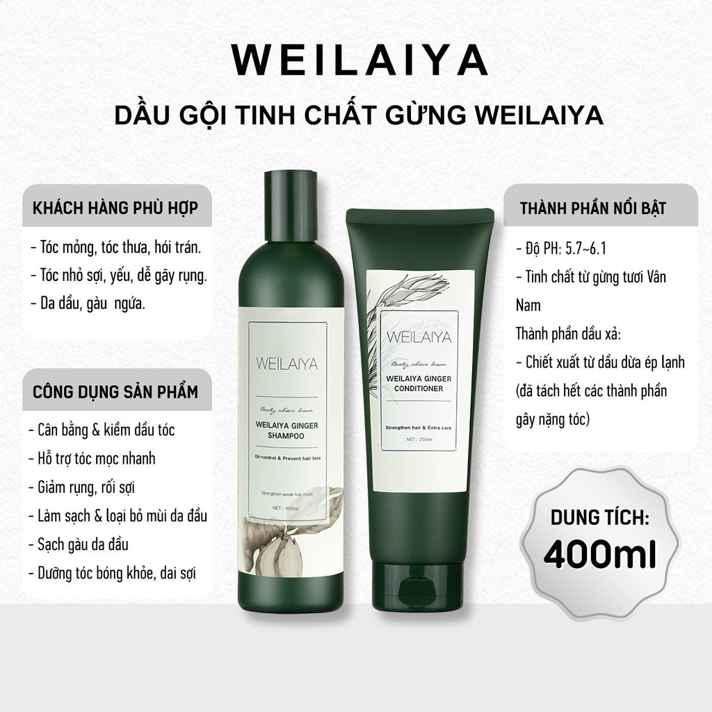 Bộ Dầu Gội - Xả Gừng Weilaiya (Tóc Dầu, Bết) + Tặng mini gội xả