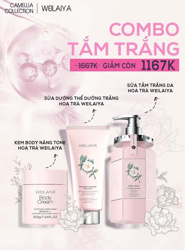 Combo Dưỡng Trắng Da Hoa Trà Camellia Collection (Sữa Tắm + Kem body + Serum body)