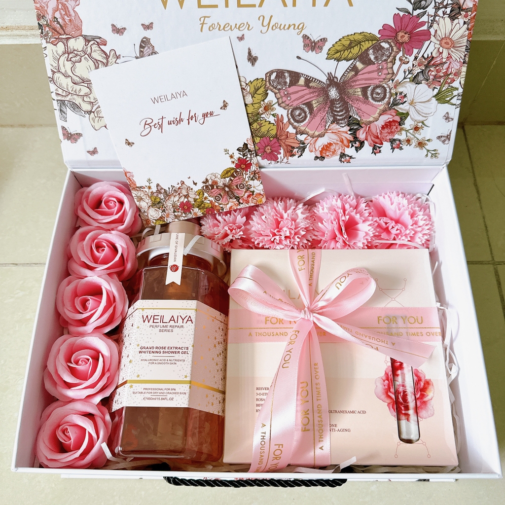 [Hộp Hoa] Sét Quà Tặng Sữa Tắm Hoa Hồng Damask Weilaiya + Mặt Nạ Hoa Hồng