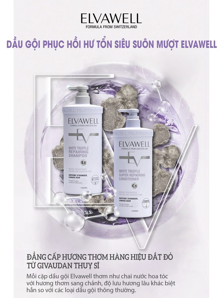 [S1C1-Tím] Bộ Dầu Gội Xả Phục Hồi Hư Tổn Siêu Suôn Mượt Elvawell (1000m+1000ml)