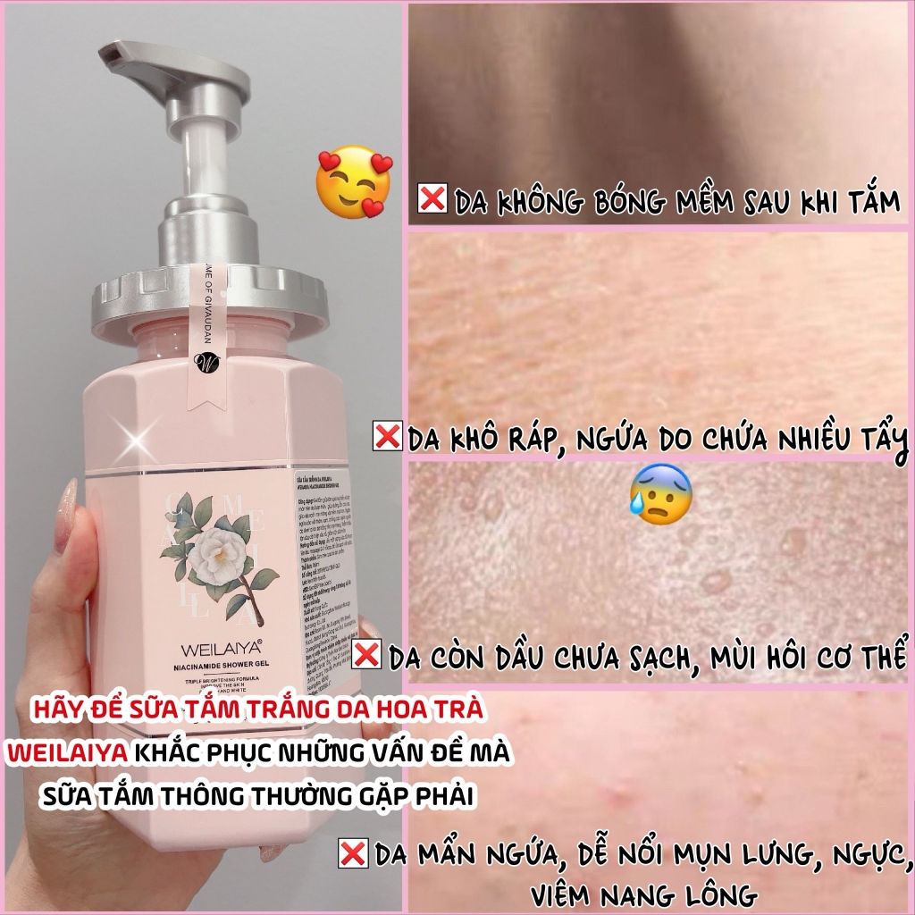 Sữa Tắm Trắng Da Hoa Trà Camellia Weilaiya 450ml + Tặng Bông Tắm